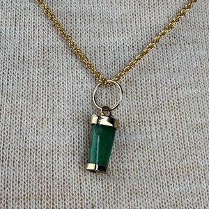 Gold Tone Capped Green Nephrite Jade Pendant Necklace 18-19.5"
